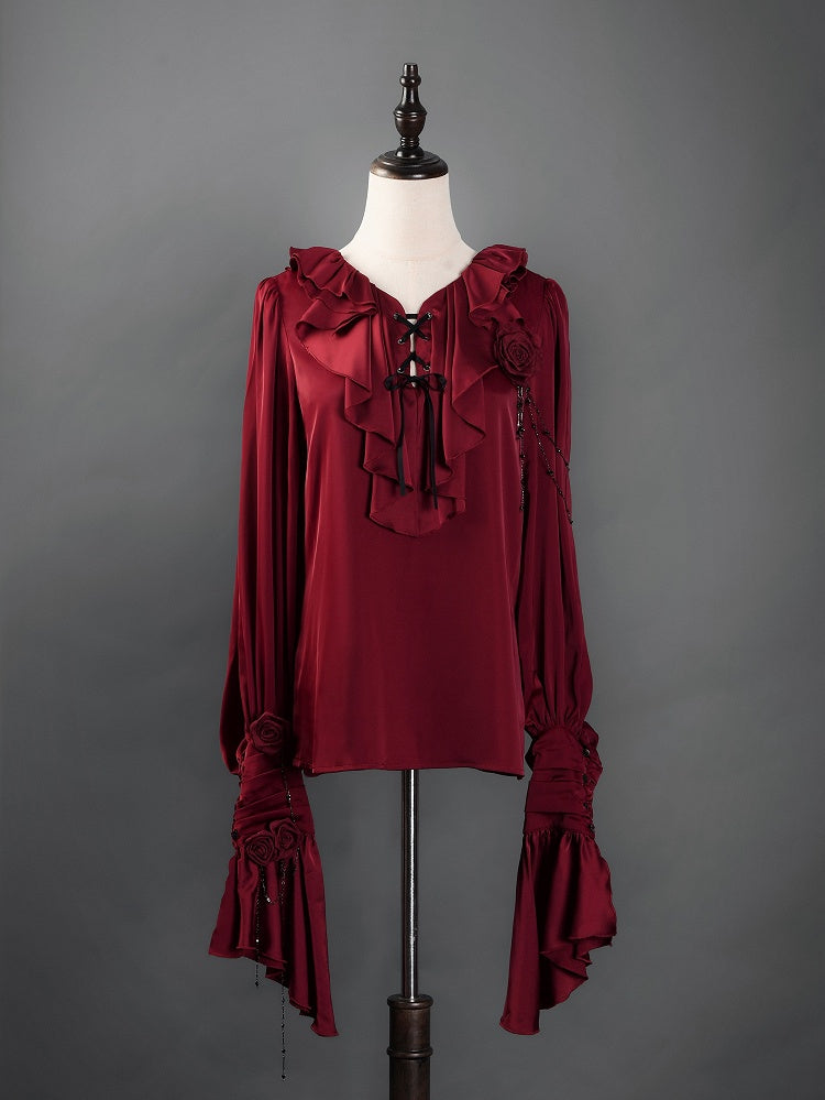 Crimson Poet Shirt with Floral Pins and Chain Accents - Shi Zhi Mao - image 2