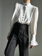 Black High-Waisted Ouji Flare Pants – Straight-Leg Buttoned Waistband | ASAE - image 4