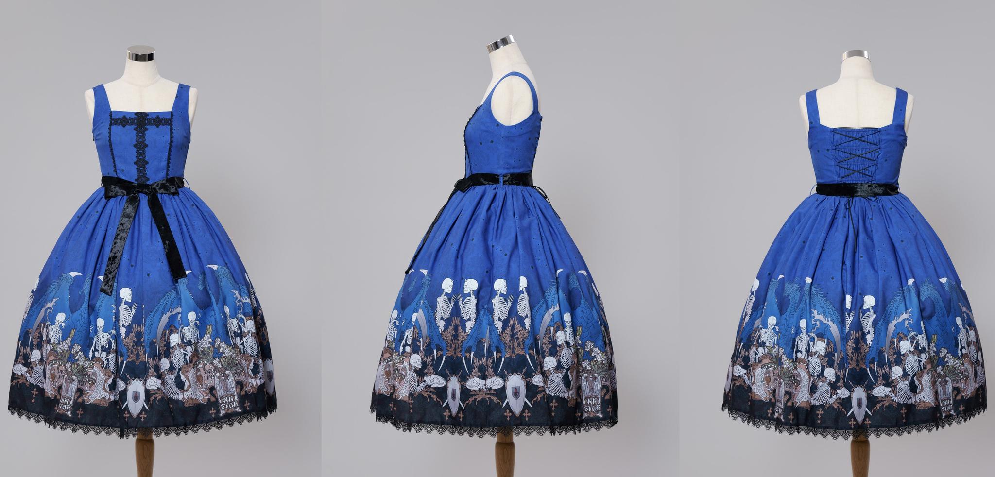Dragon Bone Lily - Vintage Gothic Lolita Dragon & Skeleton Print JSK Dress and Accessories - image 8