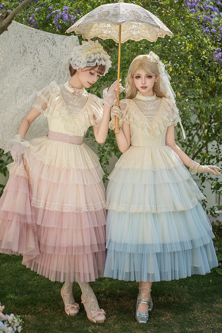 Sincere Vow - Edwardian Collar Short Sleeves Ombre Multi-Layered Ruffled Embroidered Sweet Lolita Dress - image 9