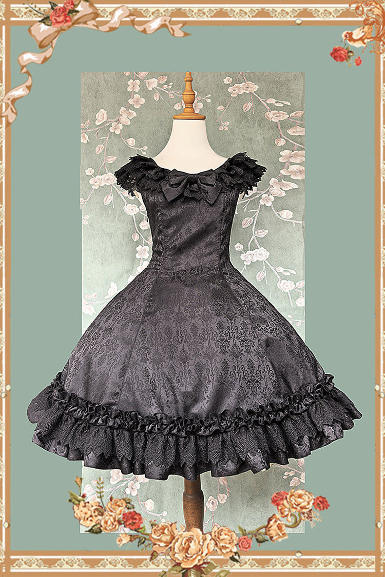 Floral Canon - Round Collar Sleeveless Jacquard Printed Ruffled Bow Gothic Lolita JSK Dress - image 3