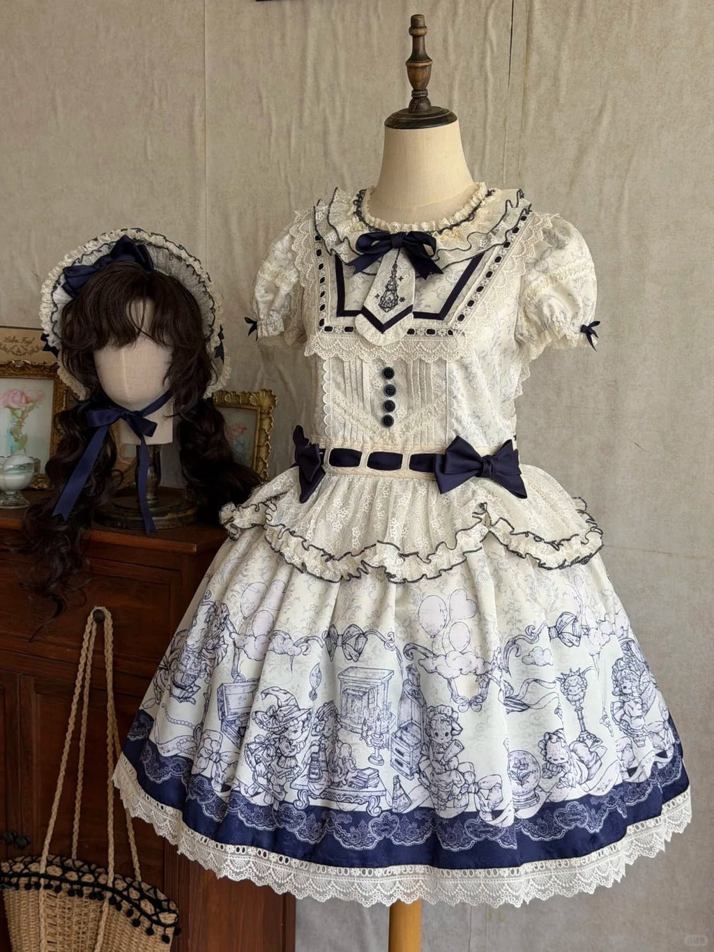 Fantasy Lamb Jacquard Print White Classic Lolita OP and Accessories - image 7