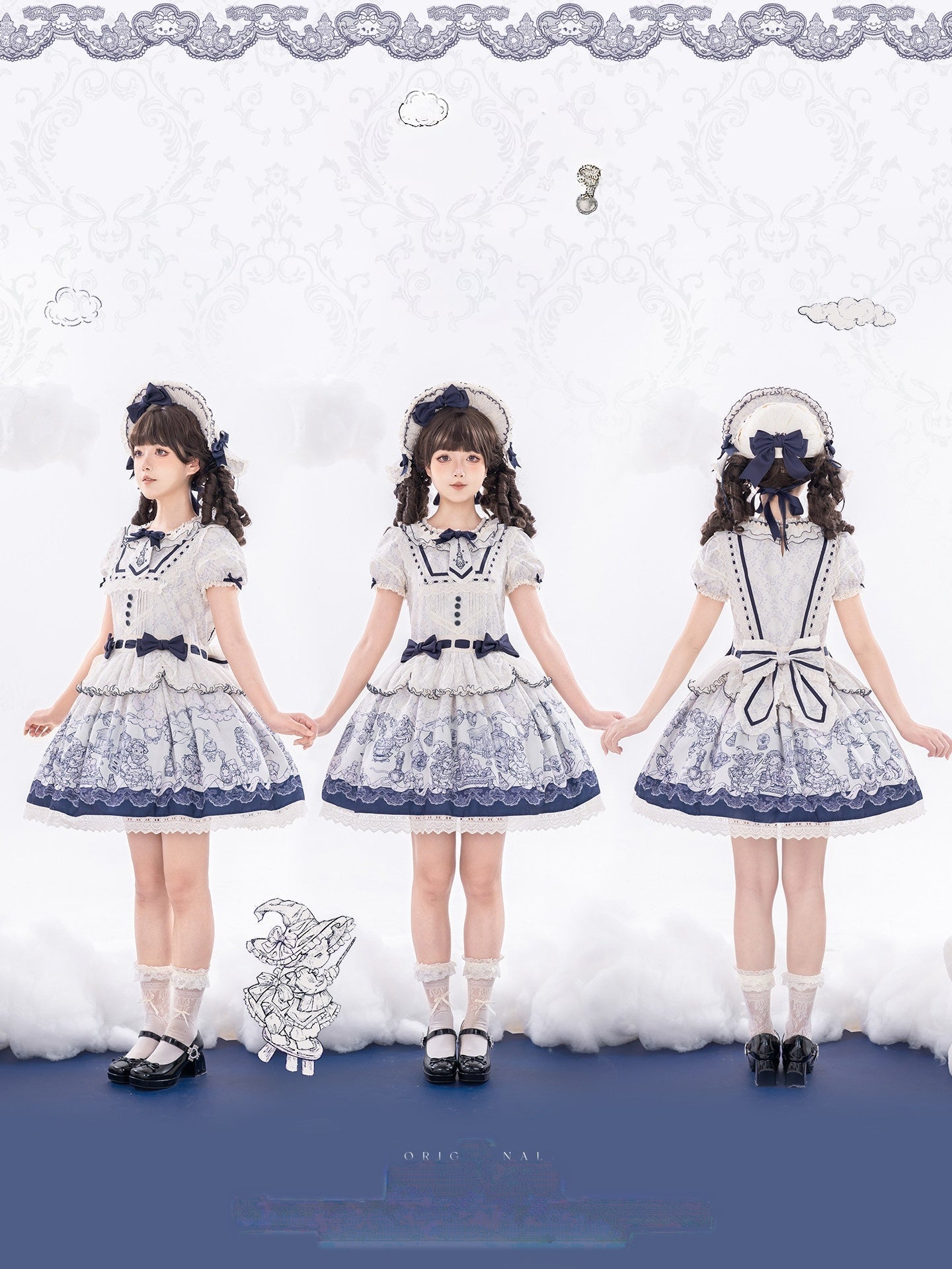 Fantasy Lamb Jacquard Print White Classic Lolita OP and Accessories - image 13