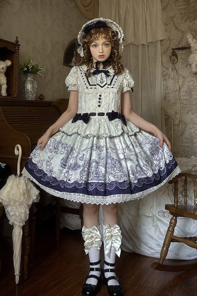 Fantasy Lamb Jacquard Print White Classic Lolita OP and Accessories - image 1