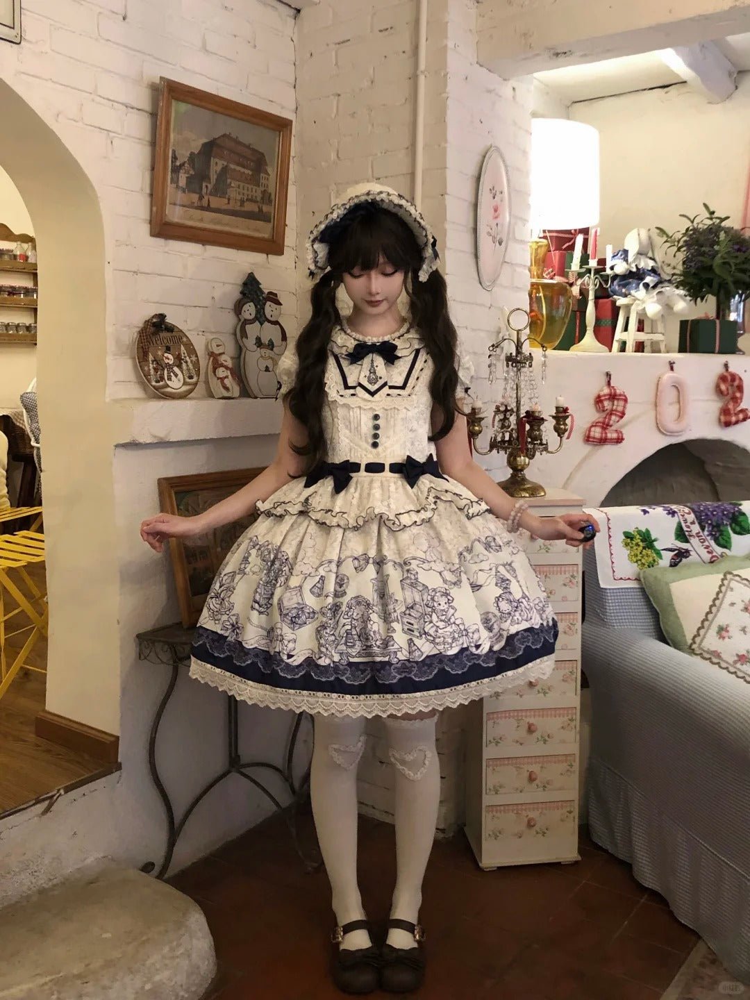 Fantasy Lamb Jacquard Print White Classic Lolita OP and Accessories - image 11