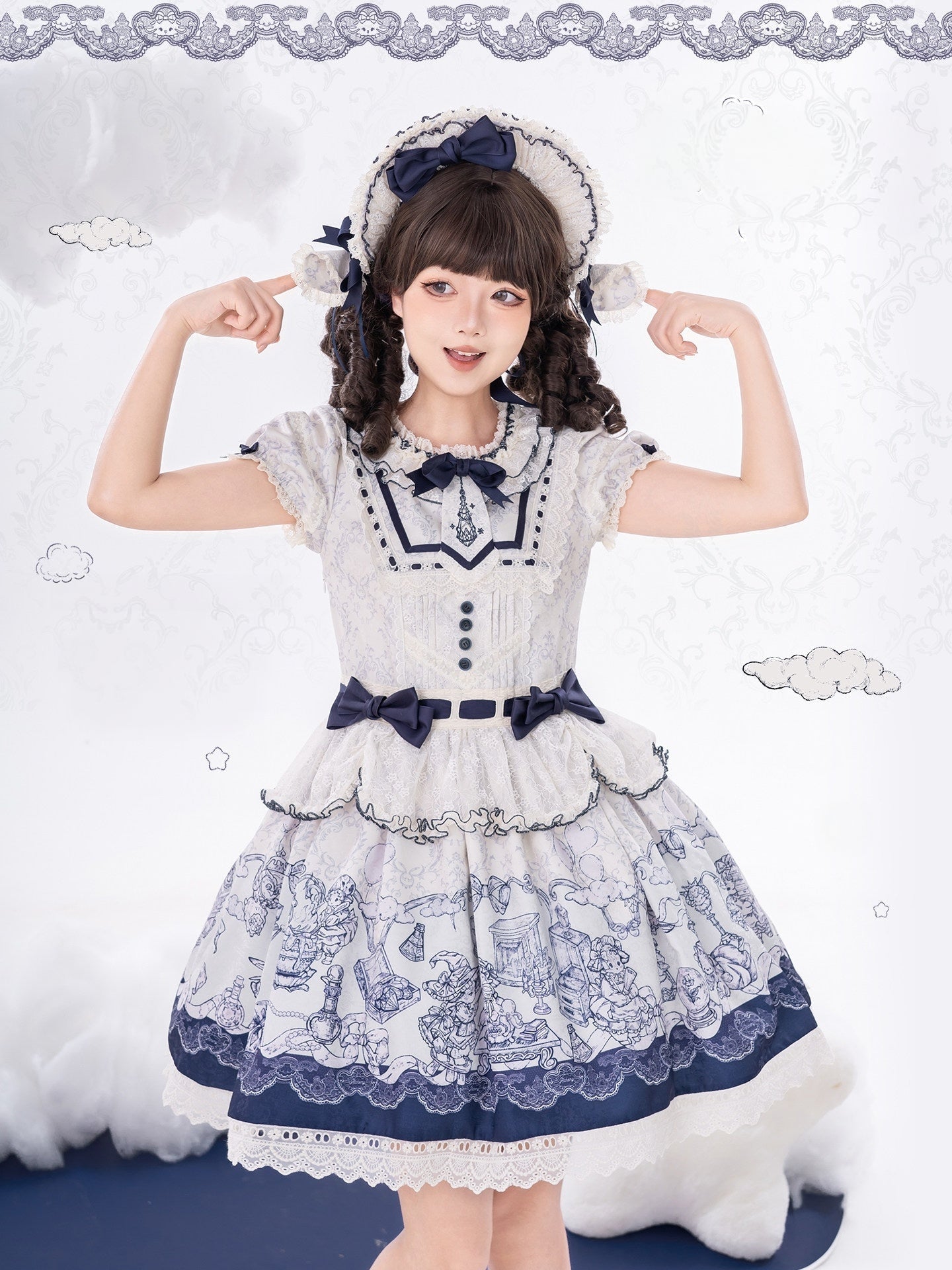 Fantasy Lamb Jacquard Print White Classic Lolita OP and Accessories - image 14