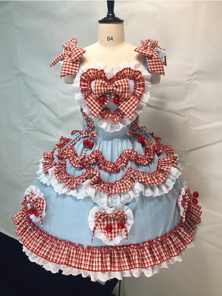 Scarlet and Navy Cherry Polka-Dot Lace JSK - Rosede Cheese - image 1