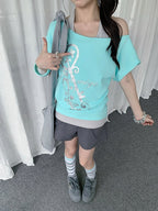 Mint Two-Piece Off-Shoulder Tee with Key Graphic - Solkatt - image 5