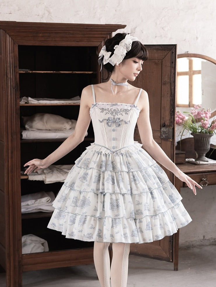 Blue and White Floral Print Lolita JSK with Bow Details - image 6