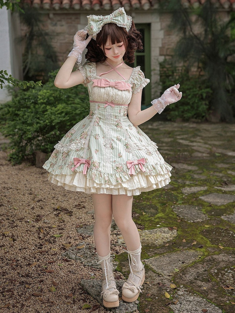 Green Floral Striped Lolita OP Set with Hair Clip and Choker - image 1