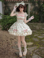 Green Floral Striped Lolita OP Set with Hair Clip and Choker - image 1