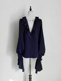 Lilac Lace-Up Ruffle Shirt with Black Flower Chains - Shi Zhi Mao - image 1