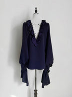 Lilac Lace-Up Ruffle Shirt with Black Flower Chains - Shi Zhi Mao - image 1