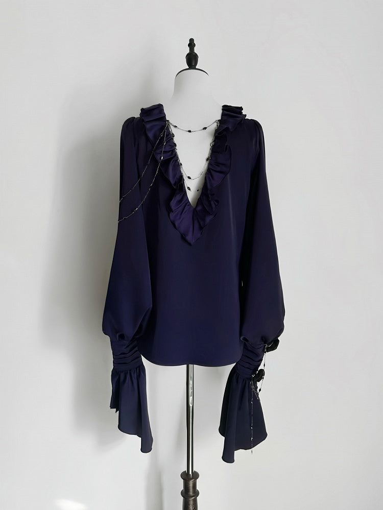 Lilac Lace-Up Ruffle Shirt with Black Flower Chains - Shi Zhi Mao - image 1