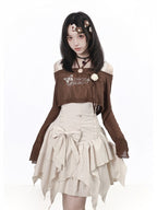 Brown Flare-Sleeve Cropped Top with Butterfly Print & Rose - PINK SAVIOR - image 2