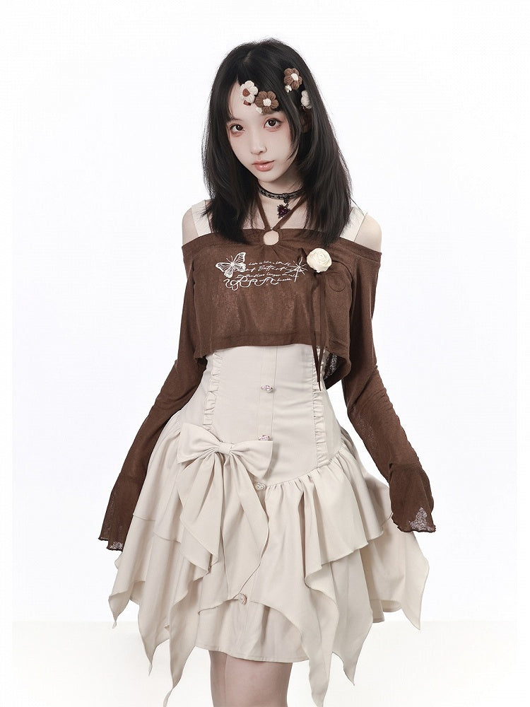 Brown Flare-Sleeve Cropped Top with Butterfly Print & Rose - PINK SAVIOR - image 2