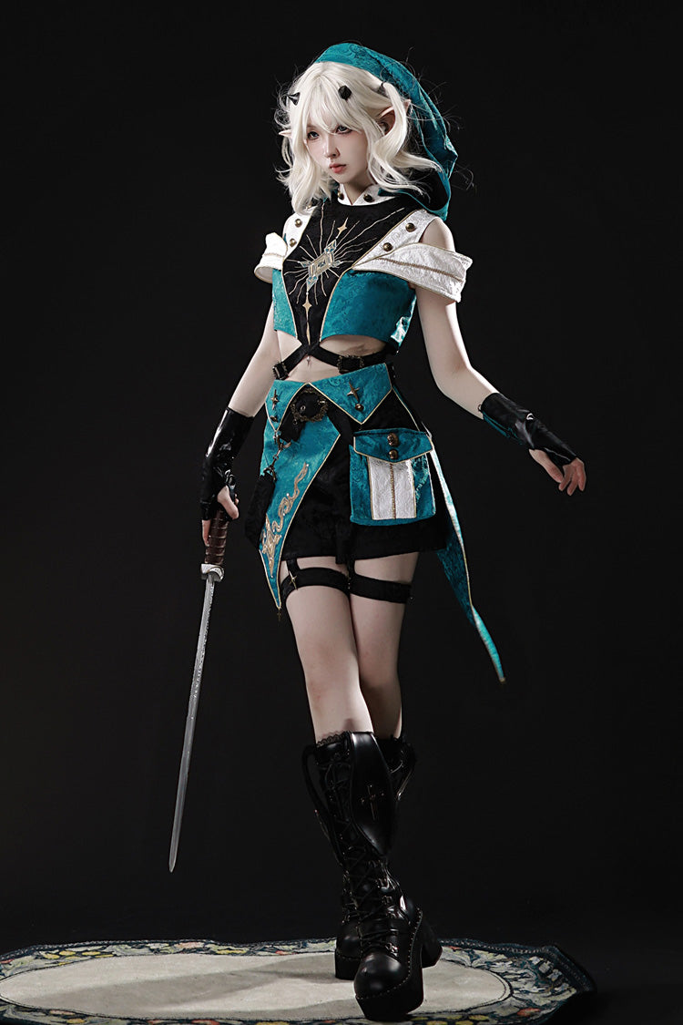 Traveler's Outfit Ouji Hooded Top and Shorts Set in Blue and Green - image 5