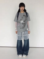 Gray Crew Neck Tee with Distressed Print - innomoood - image 5