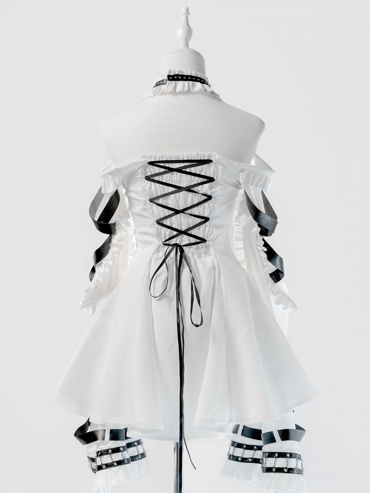 White Halter Flare Long-Sleeve Dress with Leather Straps and Shorts Set - image 2