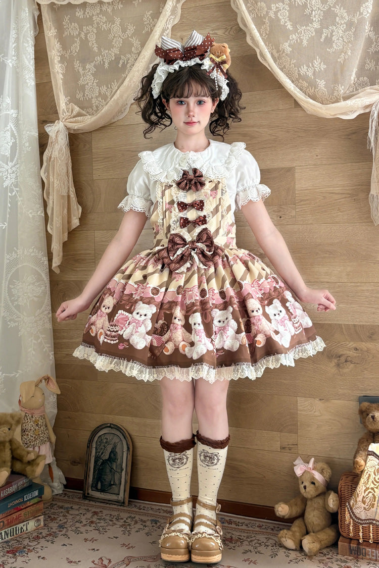 Chocolate Brownie - Sleeveless Printed Ruffled Bow Lace Sweet Lolita Strap Dress 2 Colors - image 3