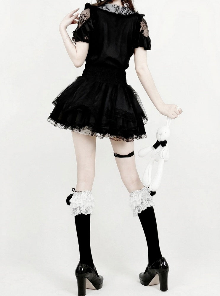 Midnight Lace-Shoulder Ruffle Blouse with Cutout Accents - AMAHAKAWA - image 2