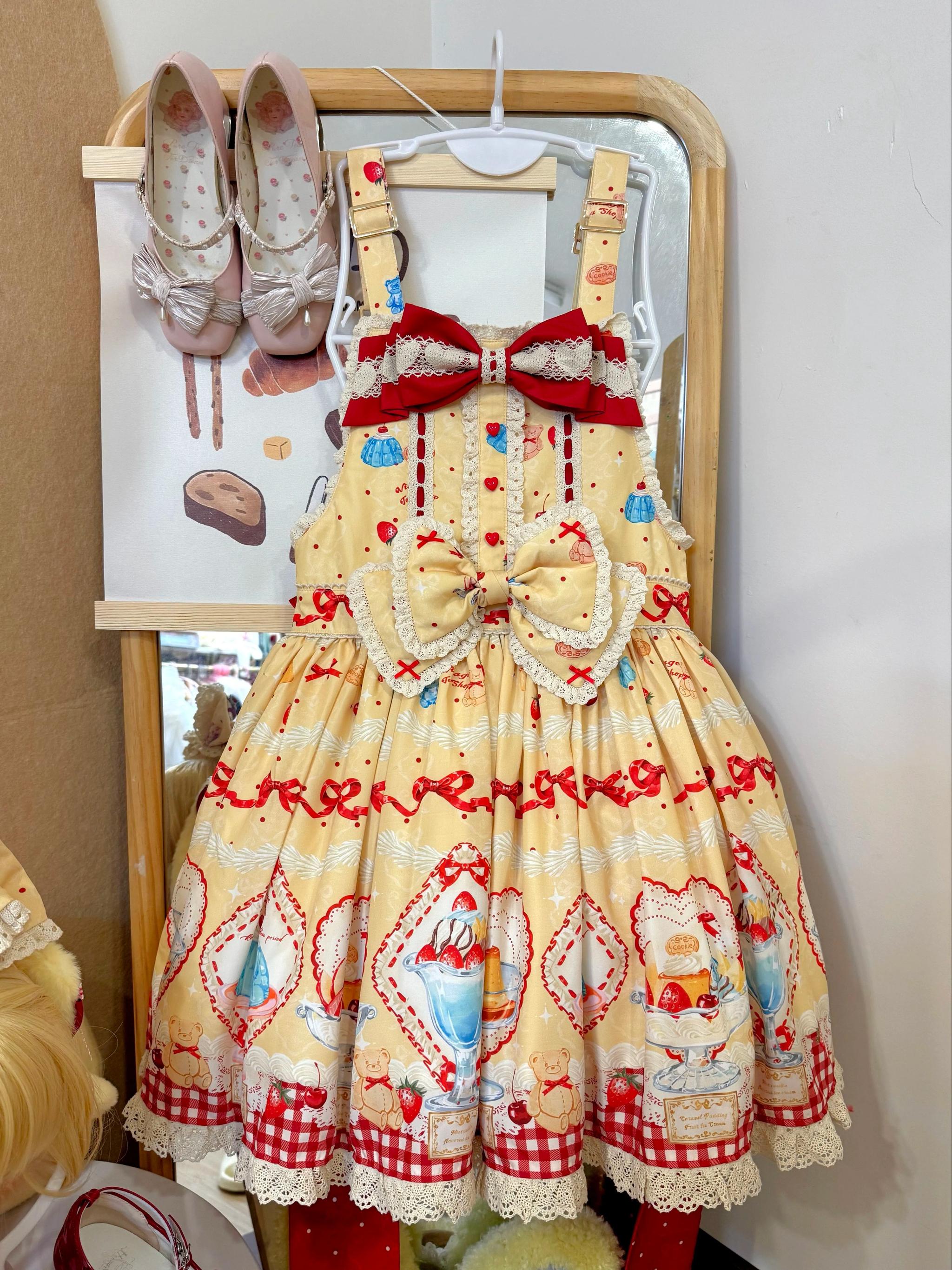 Showa Dessert Showcase - Kawaii Lolita JSK/Salopette Dress Suit, Pudding-Inspired - image 37