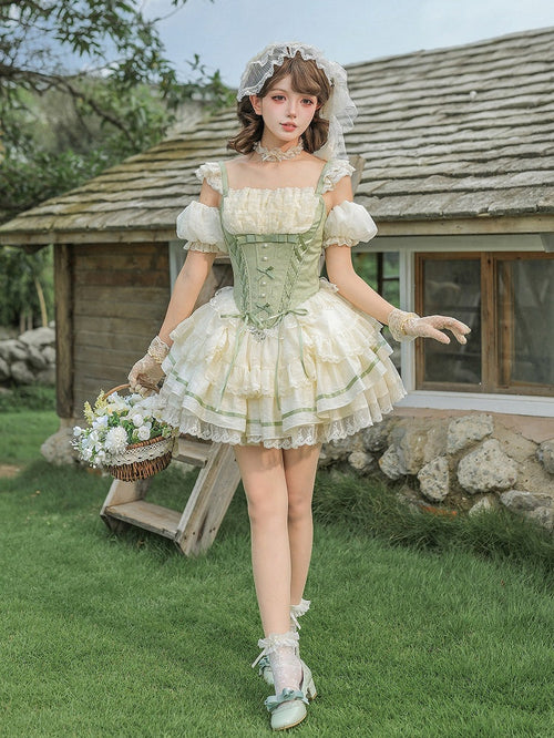 Beige and Green Boned Corset Waist Short JSK Dress Set - image 1