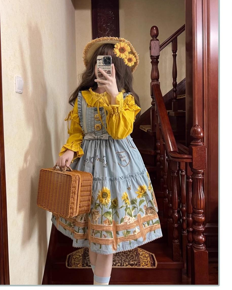 Cat and Sunflower - Sweet Lolita JSK, Cat and Sunflower Print - image 3