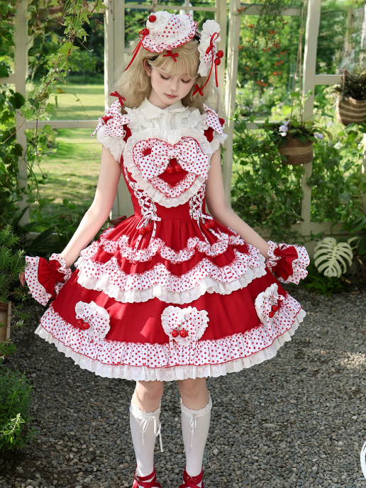 Crimson Cherry Polka-Dot Lace JSK with White Trim - Rosede Cheese - image 5