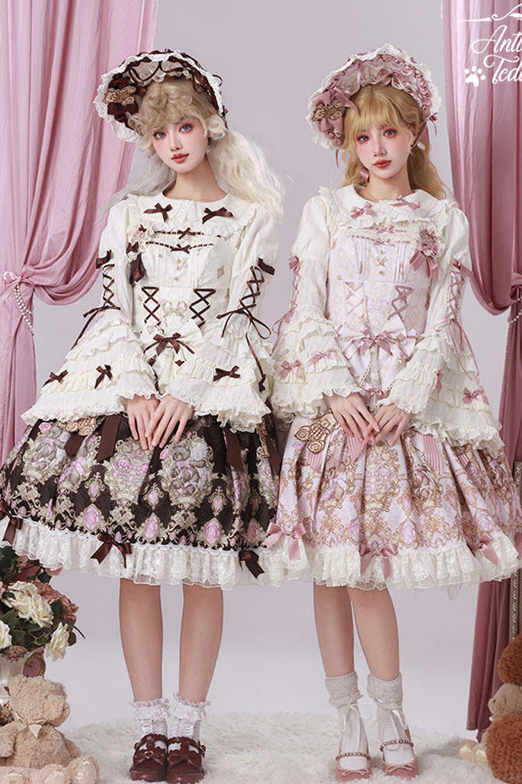 Antique Teddy Bear - Sleeveless Printed Bow Lace Sweet Elegant Lolita JSK Dress - image 7