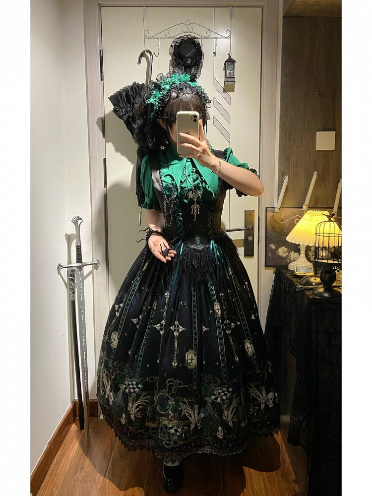 Green Rosette and Skull Print Gothic Corset JSK - image 4