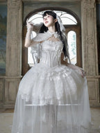 White Hime Lolita Elegant JSK Dress Cape Brooch and High-Low Overlay Set - image 6
