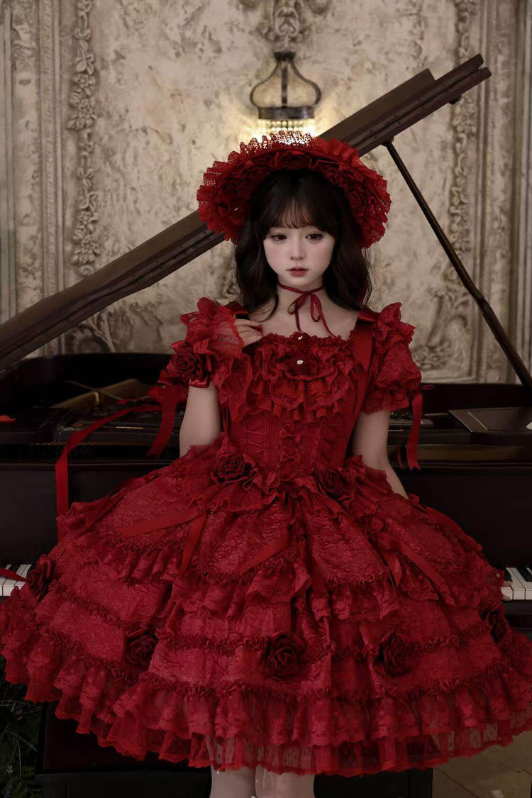 Rose Manor - Square Collar Short Sleeves Ruffled Bow Lace Classic Lolita Dress - image 5