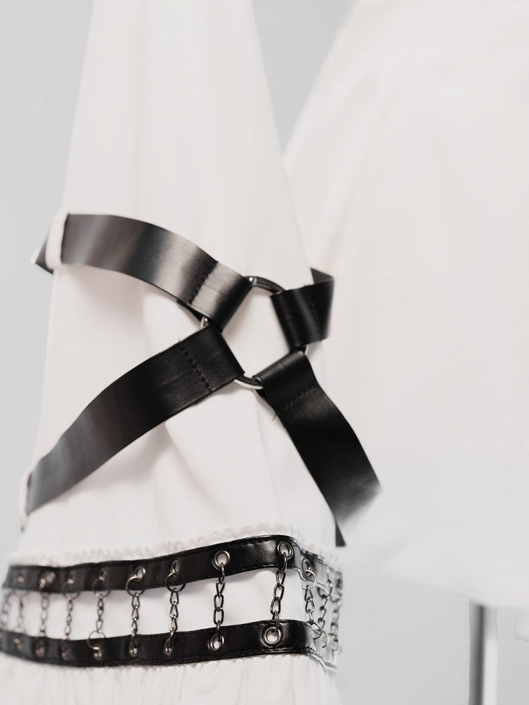 White Halter Flare Long-Sleeve Dress with Leather Straps and Shorts Set - image 7