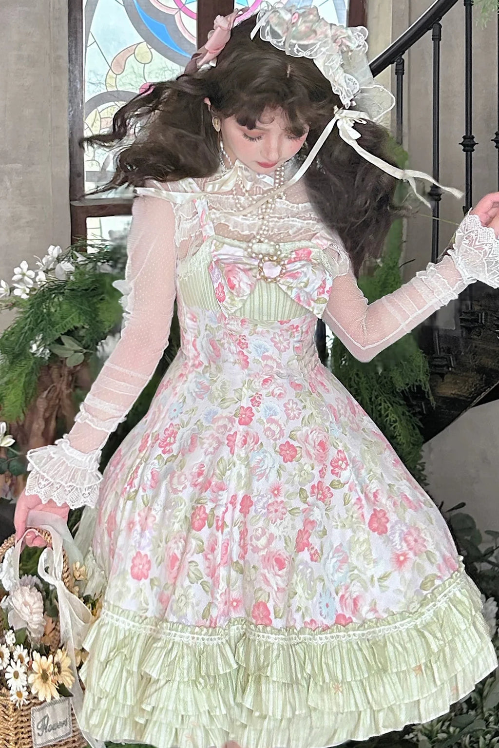 Rose Spring Romance Pink Green Floral Classic Lolita JSK Dress - image 1