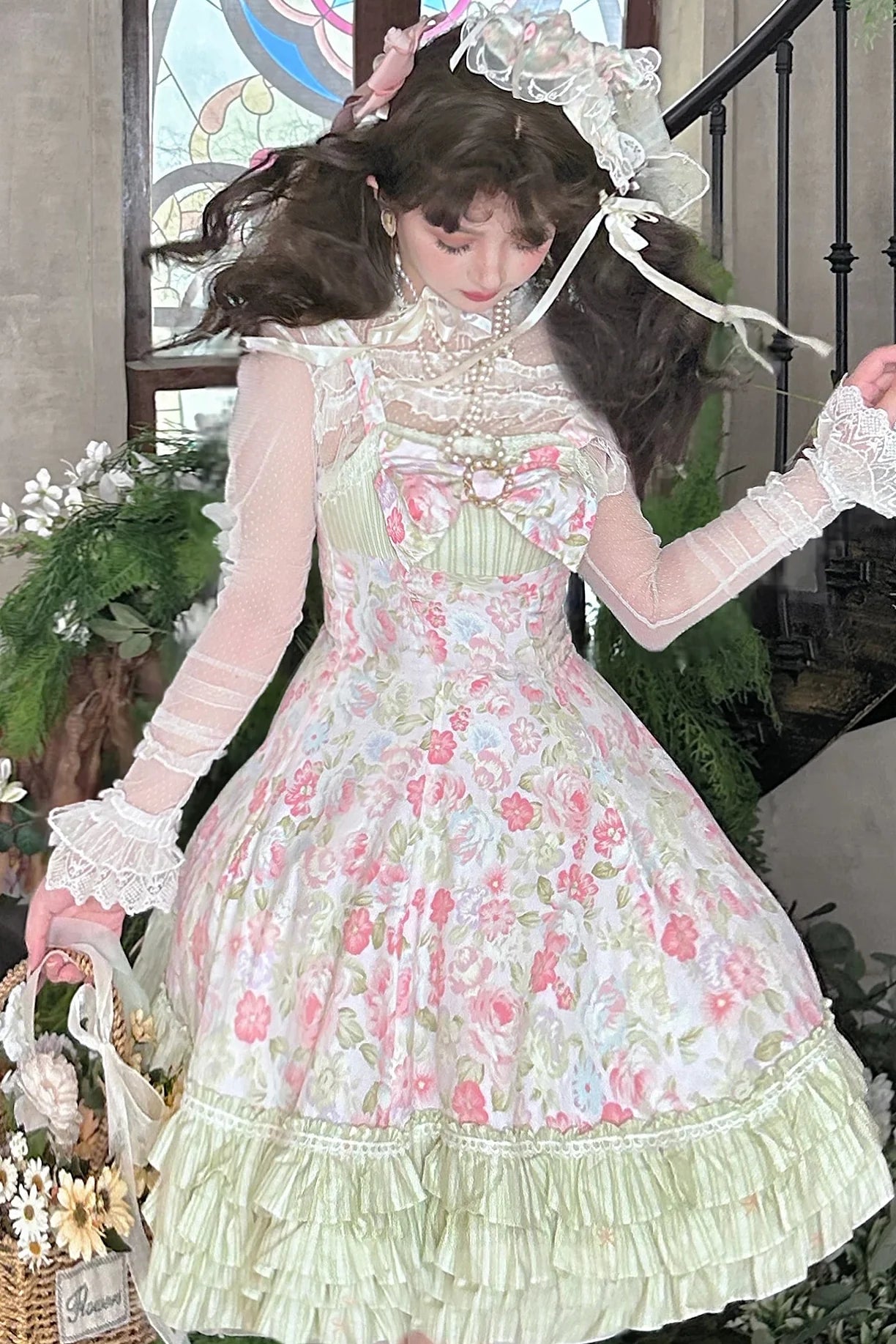 Rose Spring Romance Pink Green Floral Classic Lolita JSK Dress - image 1