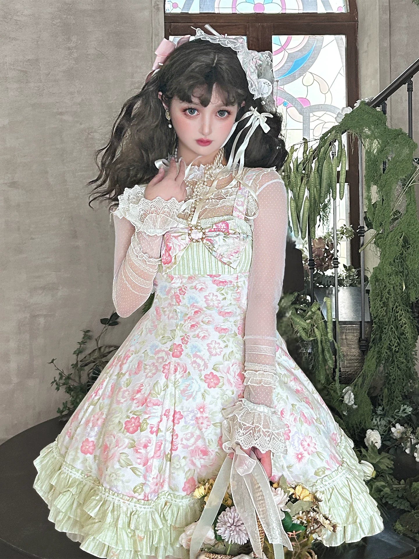 Rose Spring Romance Pink Green Floral Classic Lolita JSK Dress - image 5