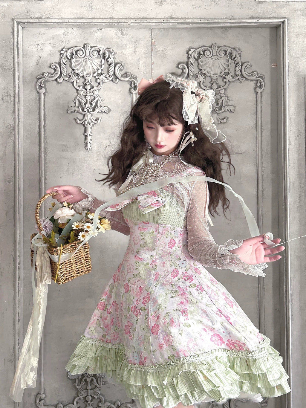 Rose Spring Romance Pink Green Floral Classic Lolita JSK Dress - image 9