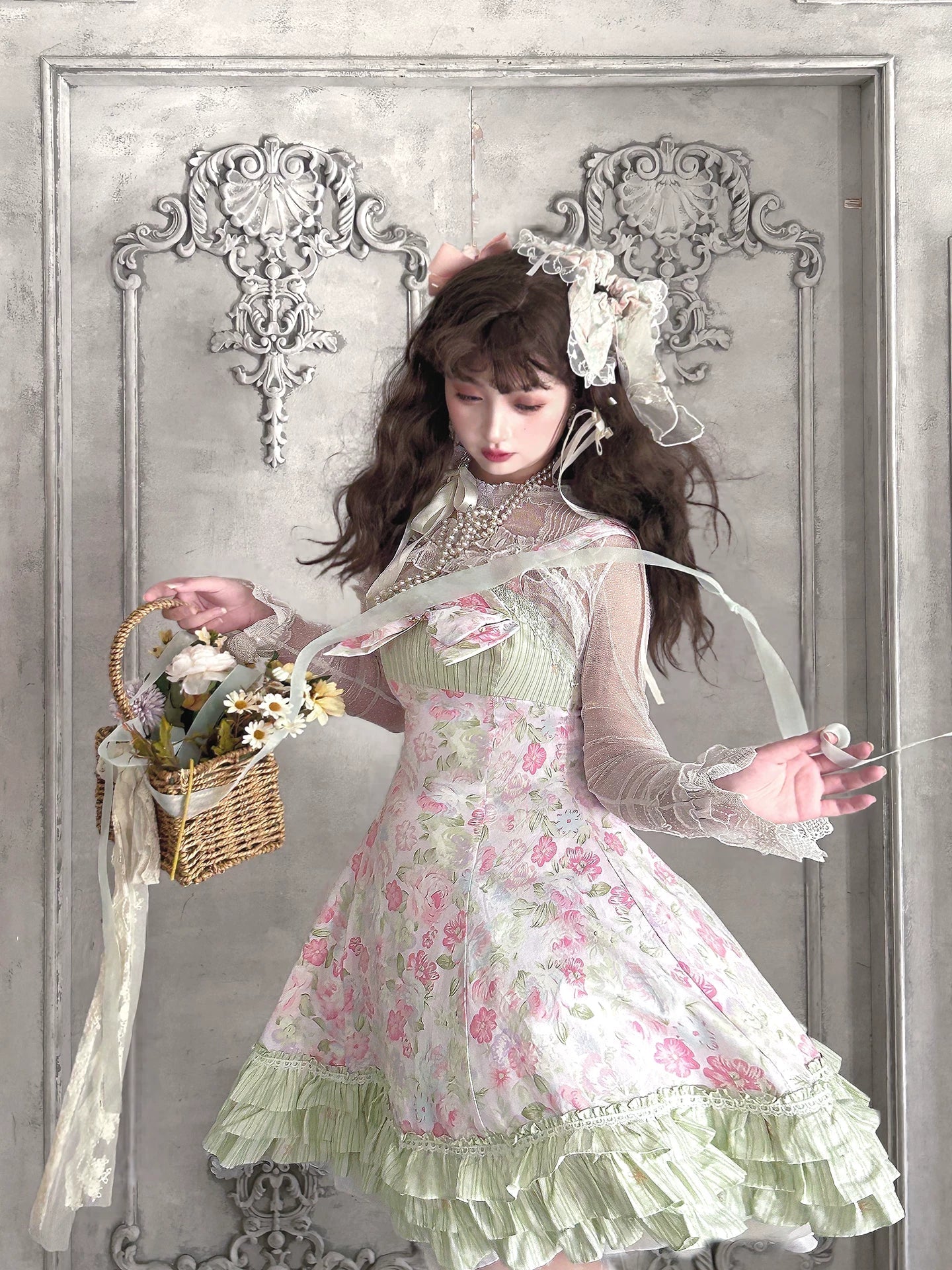 Rose Spring Romance Pink Green Floral Classic Lolita JSK Dress - image 9
