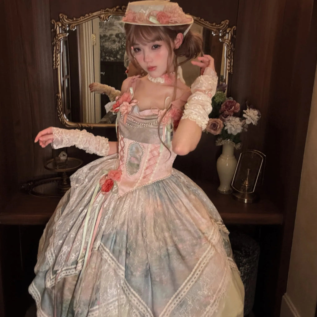Flower Field Oil Painting Pastoral Irregular Lolita JSK Dress and Accessories - image 15