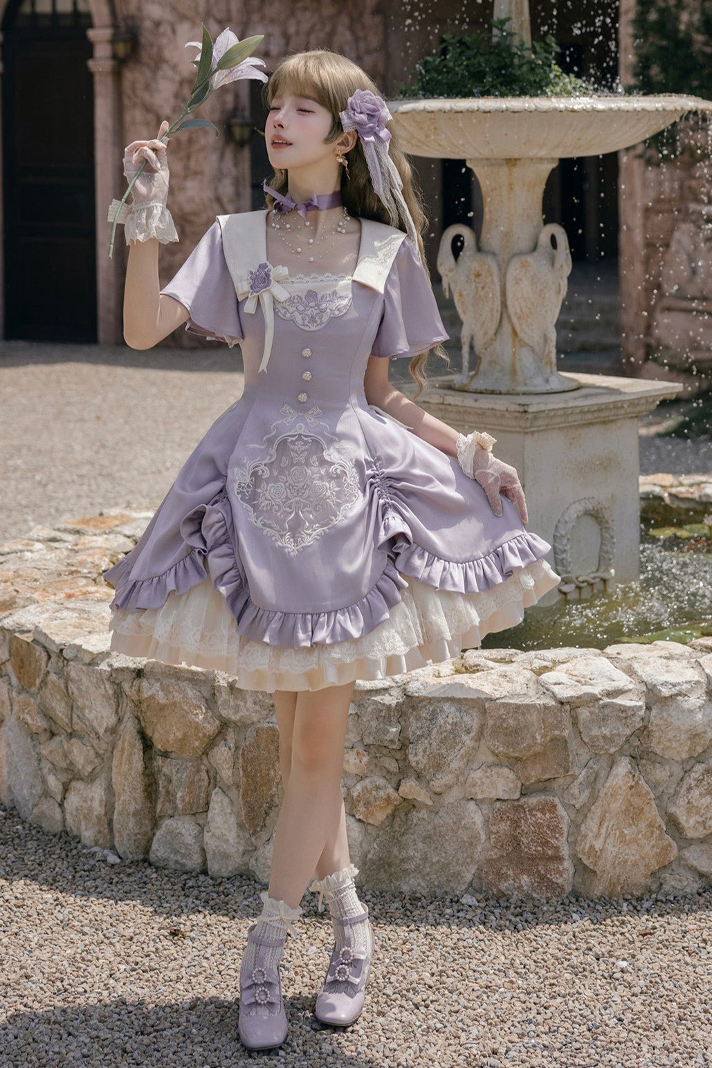 Glaze Floral Realm - Purple Printed Lolita OP and Accessories - image 5