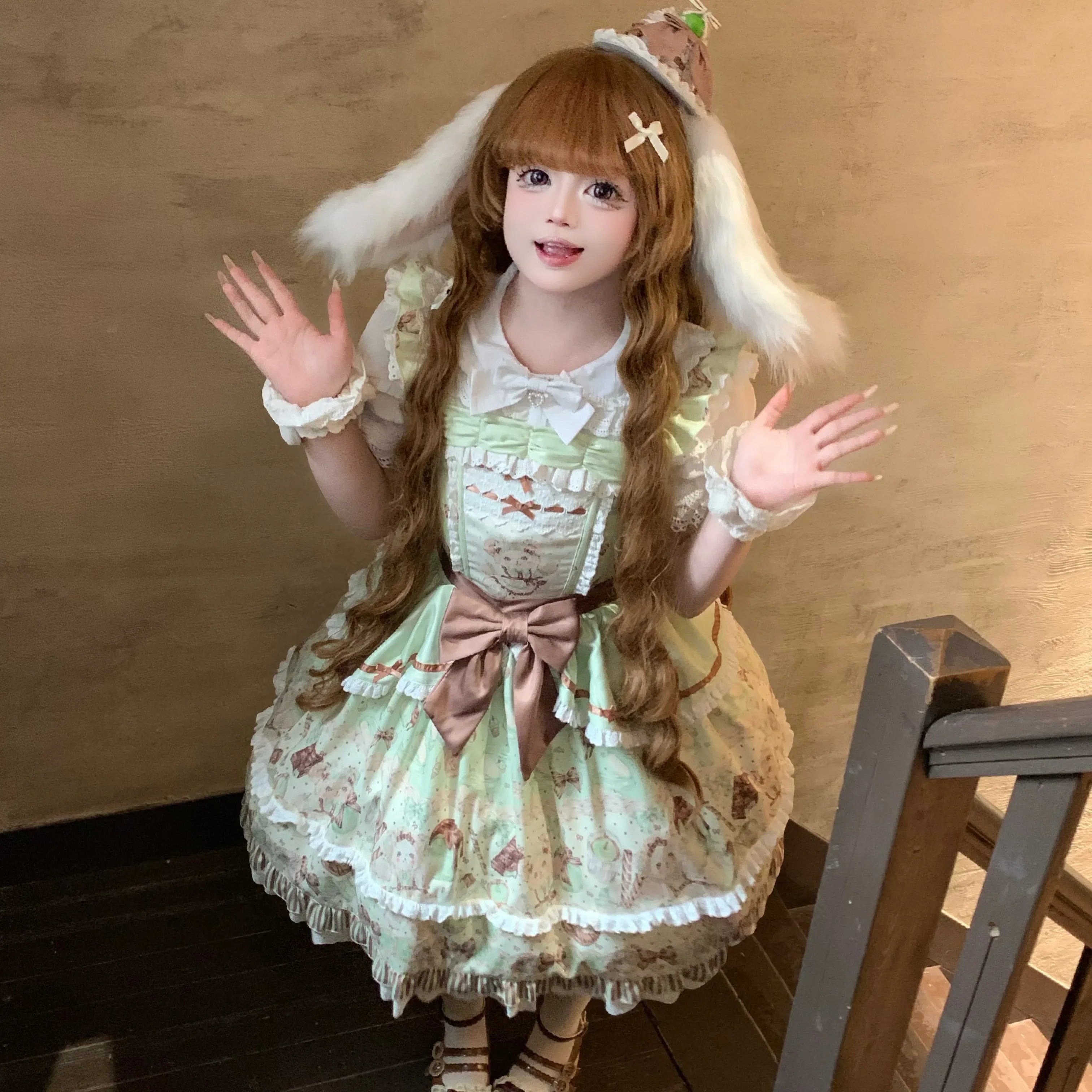 Popoco Mint Green Bunny Print Bubble Sweet Lolita JSK Dress - image 2