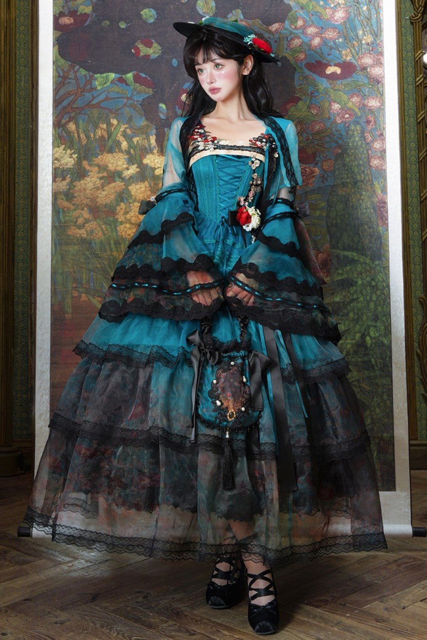 Misty New Dawn Peacock Blue Classic Lolita Long JSK Tea Party Set - image 10