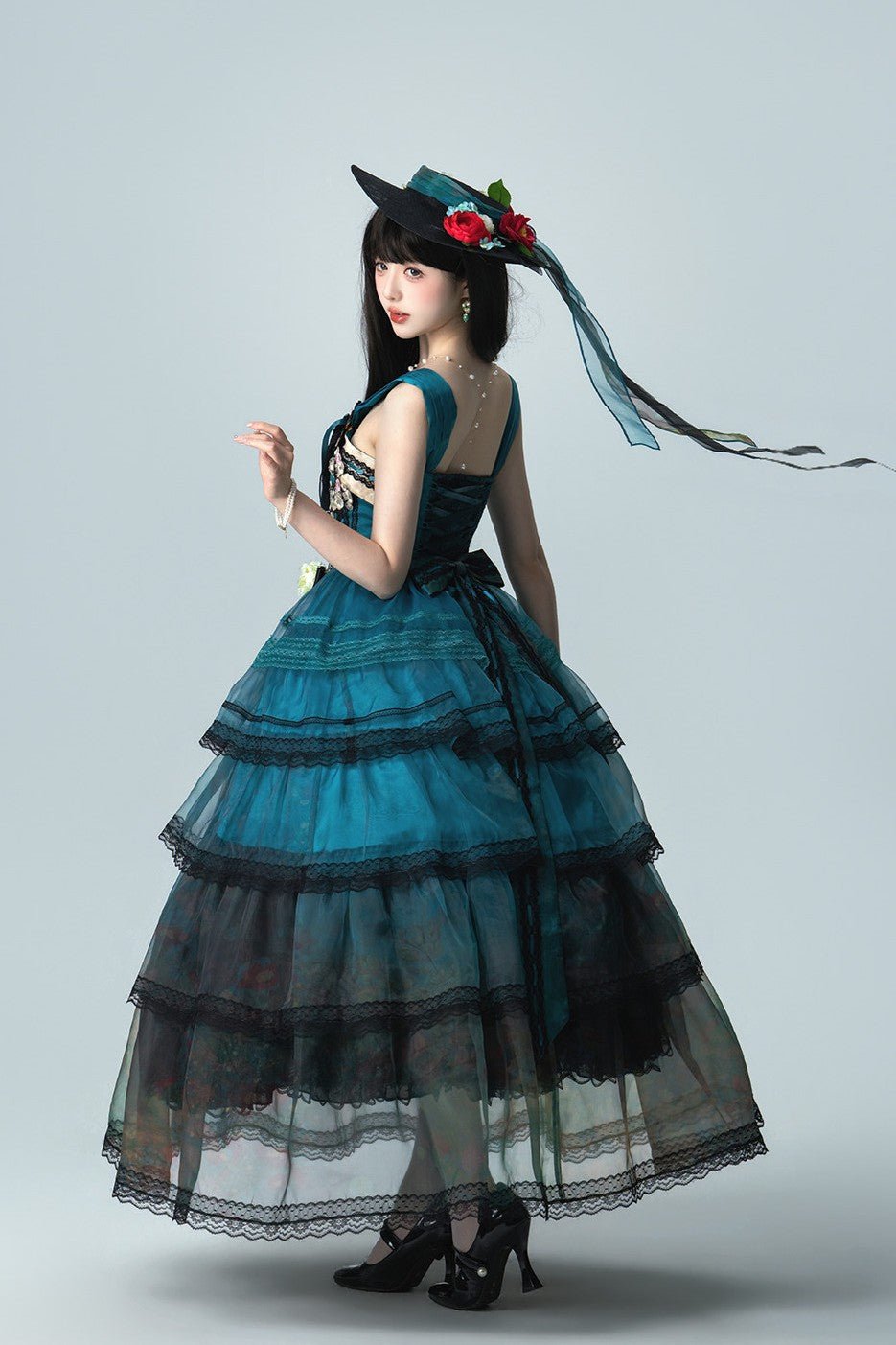 Misty New Dawn Peacock Blue Classic Lolita Long JSK Tea Party Set - image 3