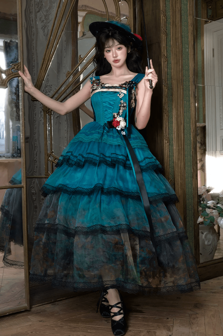 Misty New Dawn Peacock Blue Classic Lolita Long JSK Tea Party Set - image 8