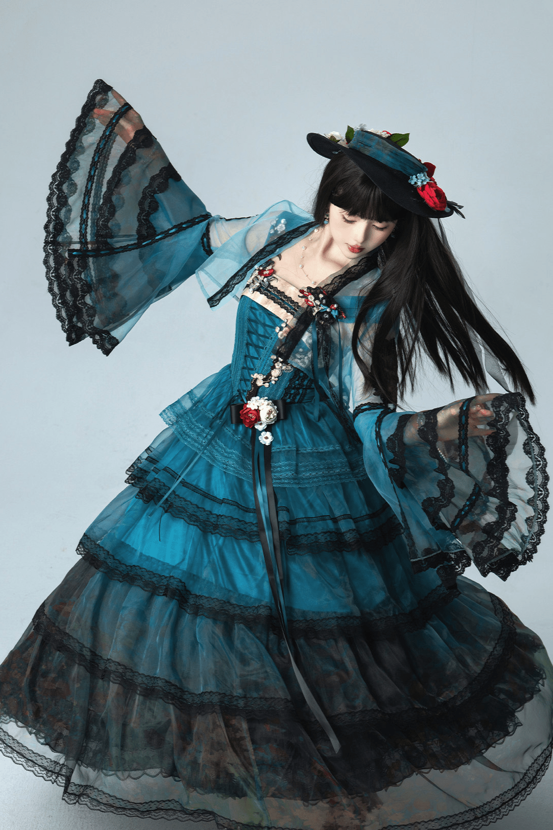 Misty New Dawn Peacock Blue Classic Lolita Long JSK Tea Party Set - image 2
