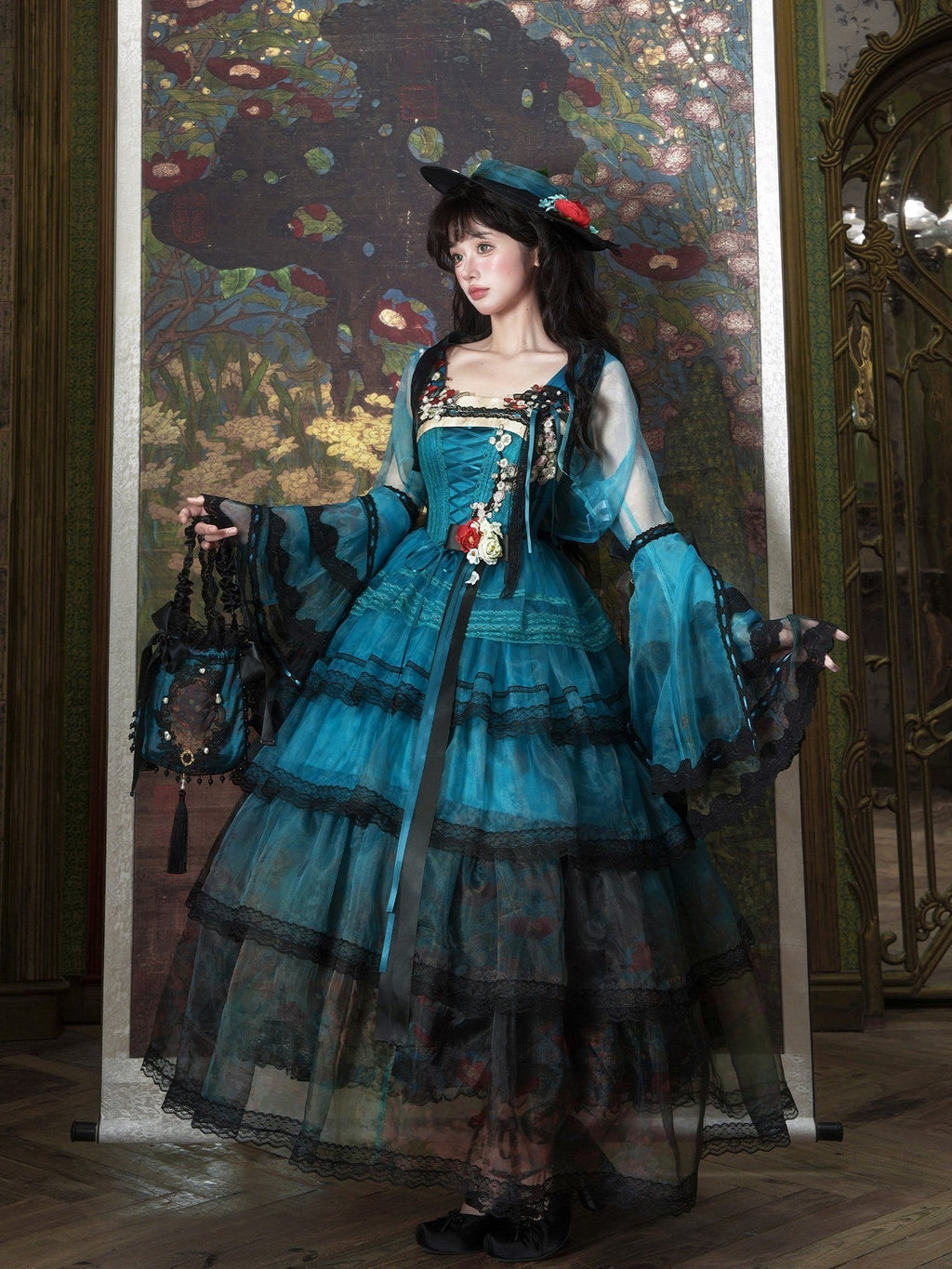 Misty New Dawn Peacock Blue Classic Lolita Long JSK Tea Party Set - image 9