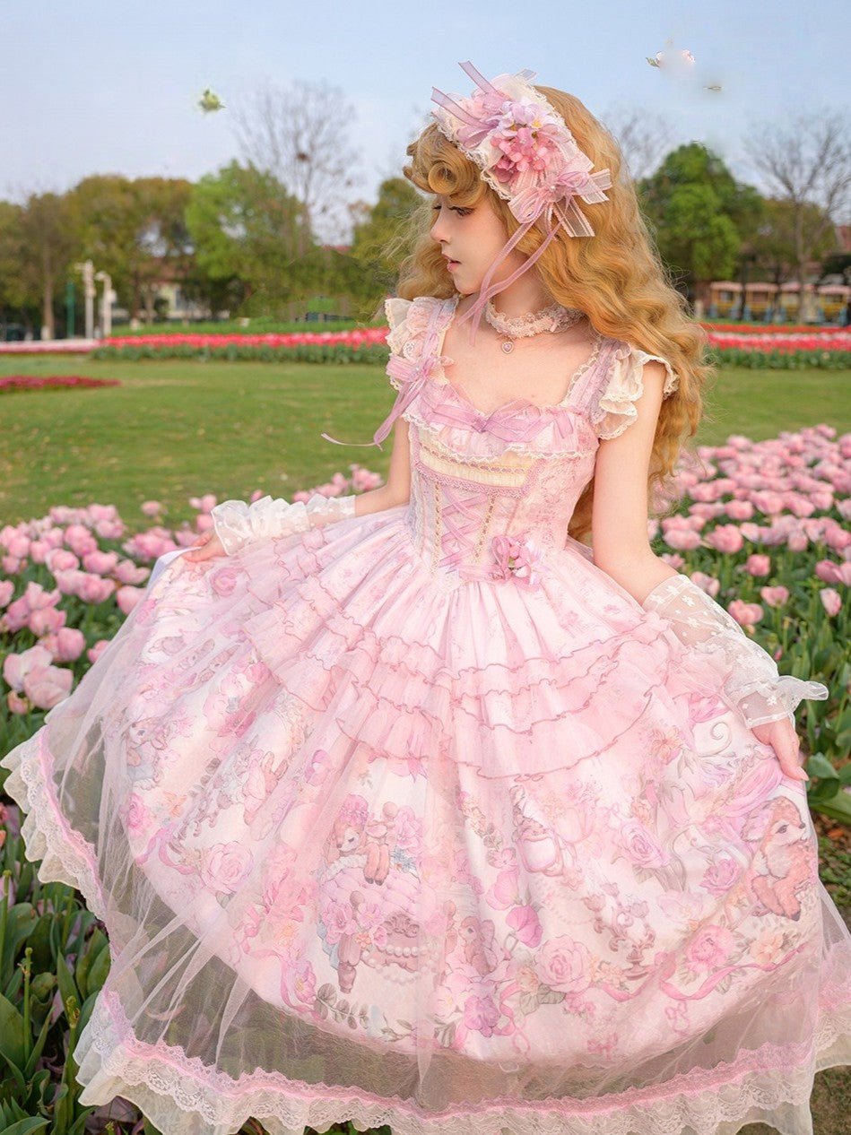 Pink Jacquard Print Sweet Classic Lolita JSK and Accessories - image 3