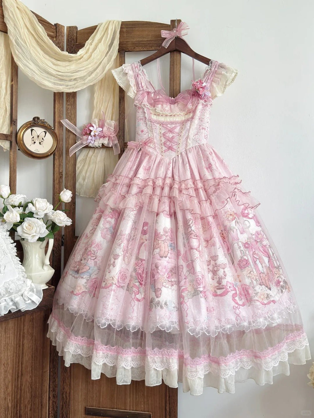 Pink Jacquard Print Sweet Classic Lolita JSK and Accessories - image 15