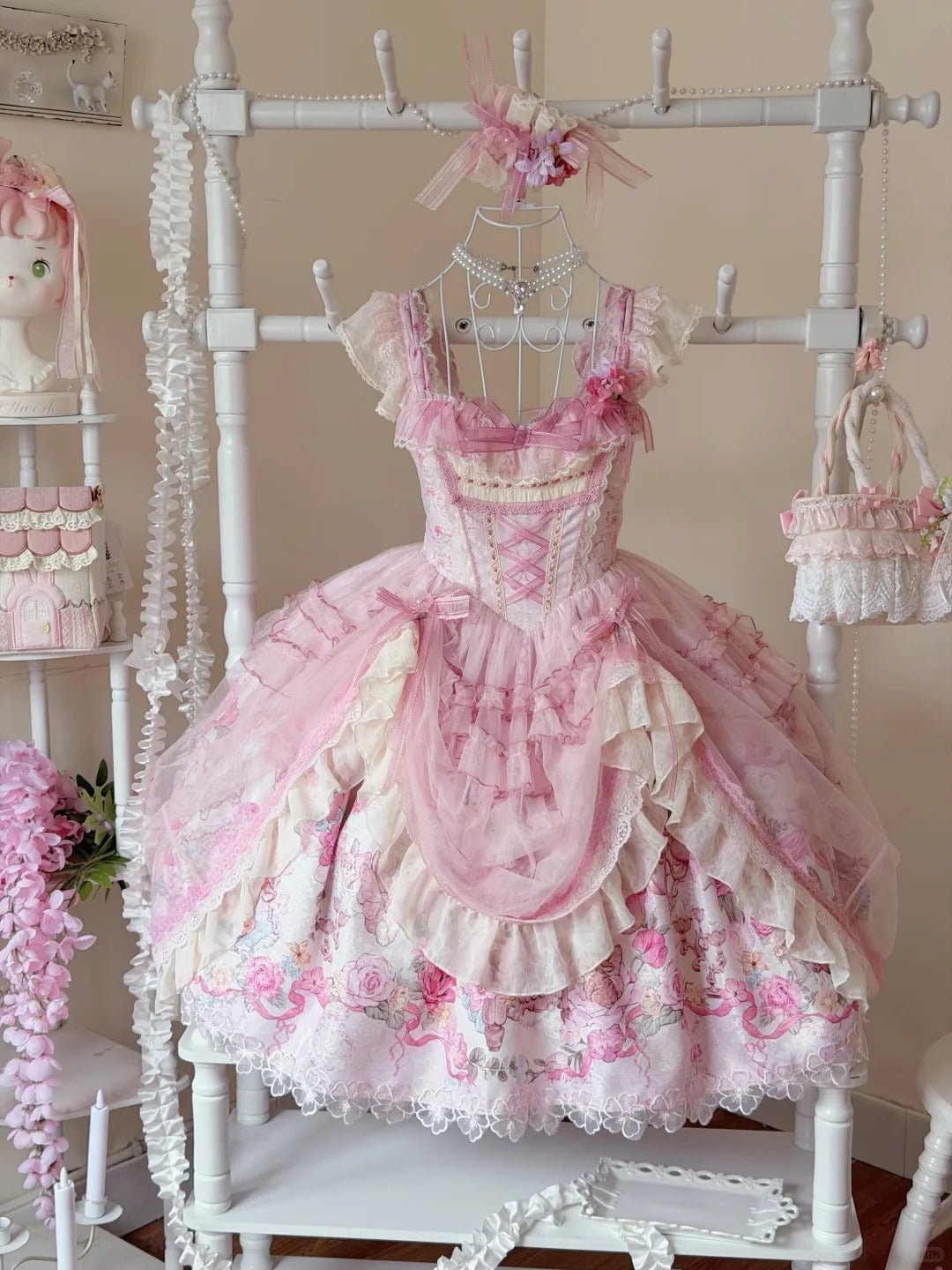 Pink Jacquard Print Sweet Classic Lolita JSK and Accessories - image 28